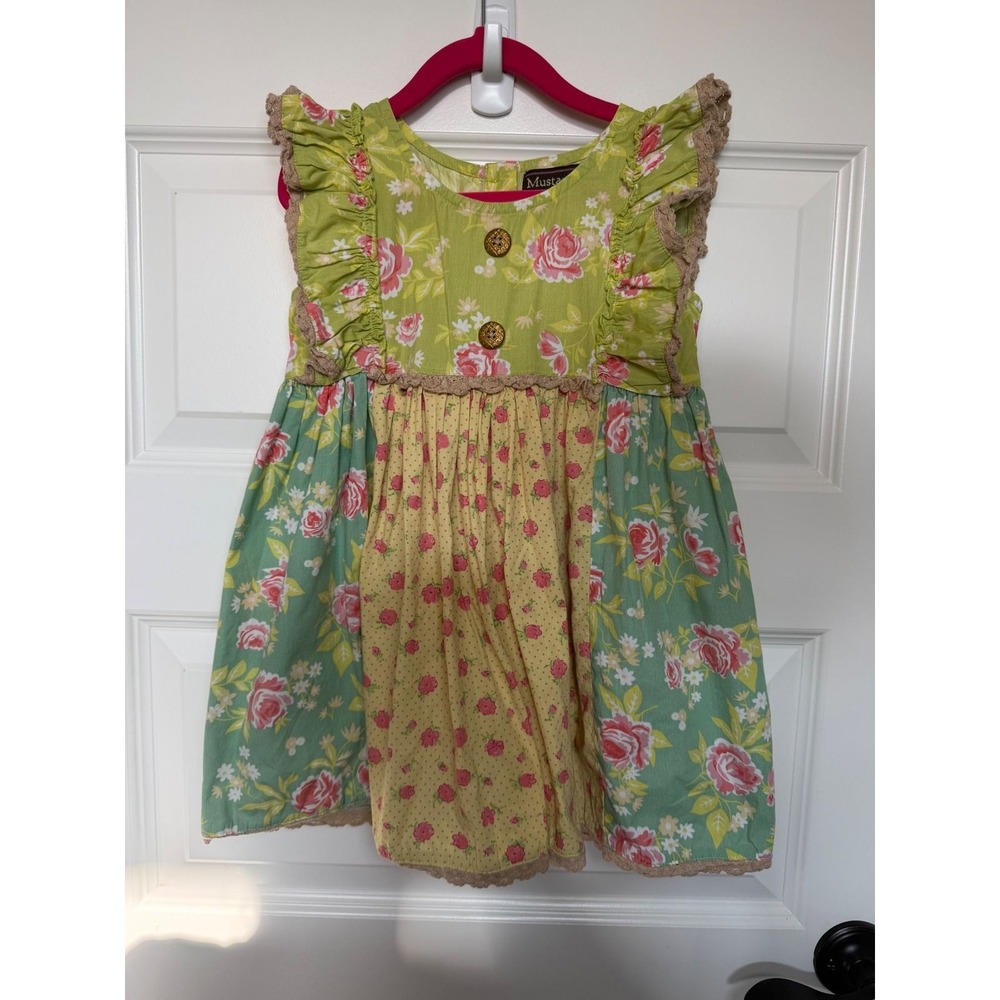 26.Mustard Pie Girls Floral Patchwork Ruffle Boutique Dress Green Yellow Teal